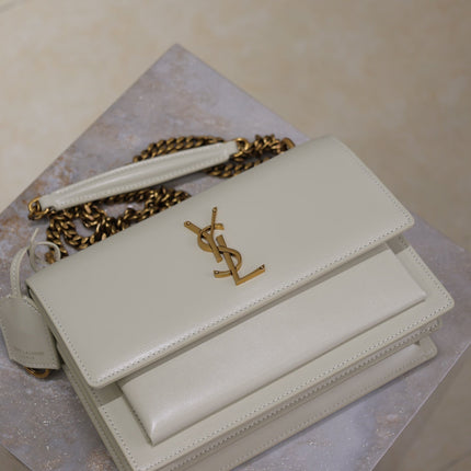 YSL 25S SUNSET BAG 22 IN IVORY CALFSKIN GOLD HARDWARE