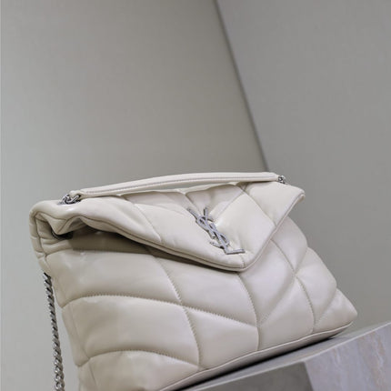 YSL 25S LOULOU PUFFER GM 35 IN SMOKEY TAUPE CALFSKIN SILVER HARDWARE