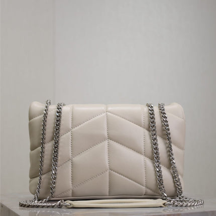 YSL 25S LOULOU PUFFER MINI 23 IN SMOKEY TAUPE CALFSKIN SILVER HARDWARE