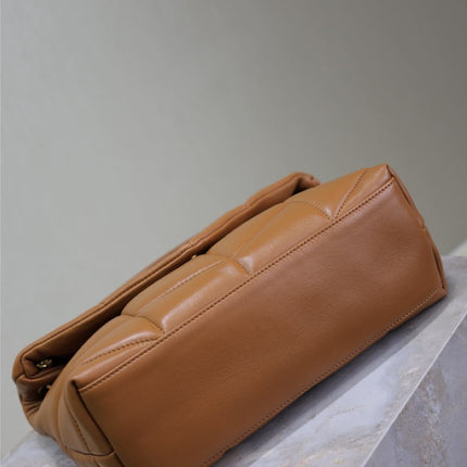 YSL 25S LOULOU PUFFER MM 29 IN CARAMEL CALFSKIN GOLD HARDWARE