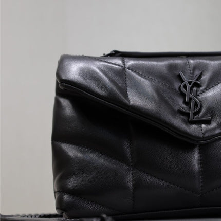 YSL 25S LOULOU PUFFER MINI 23 IN BLACK CALFSKIN BLACK HARDWARE