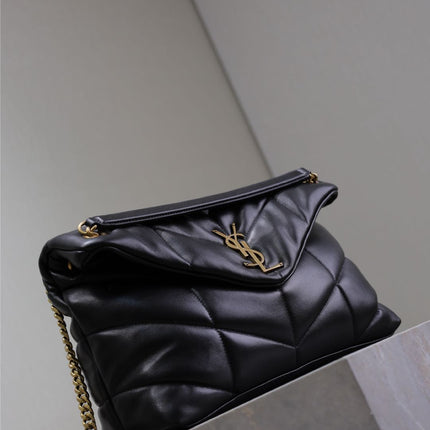 YSL 25S LOULOU PUFFER GM 35 IN BLACK CALFSKIN GOLD HARDWARE