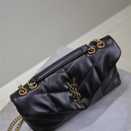 YSL 25S LOULOU PUFFER MINI 23 IN BLACK CALFSKIN GOLD HARDWARE