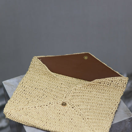 YSL 25S CASSANDRE LARGE ENVELOPE POUCH 29 IN NATURAL RAFFIA GOLD HARDWARE