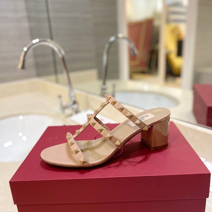 VALENTINO 26S ROCKSTUD CAGED HEELED SANDALS 60 MM IN NUDE PATENT CALFSKIN