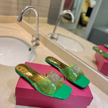 VALENTINO 26S FLAT SLIDES IN GREEN MIX GOLD LAMBSKIN WITH CRYSTAL