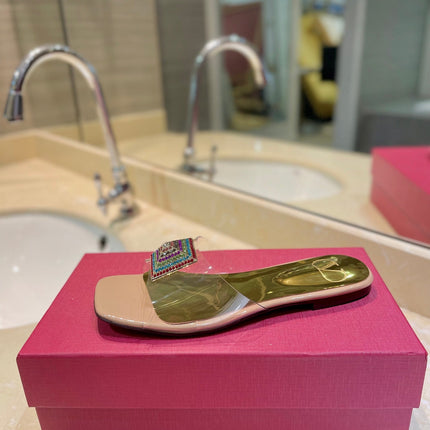 VALENTINO 26S FLAT SLIDES IN NUDE MIX GOLD LAMBSKIN WITH CRYSTAL