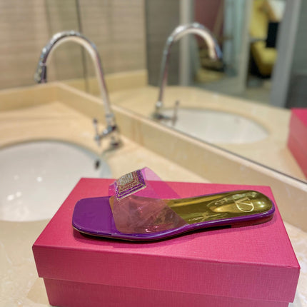 VALENTINO 26S FLAT SLIDES IN PURPLE MIX GOLD LAMBSKIN WITH CRYSTAL