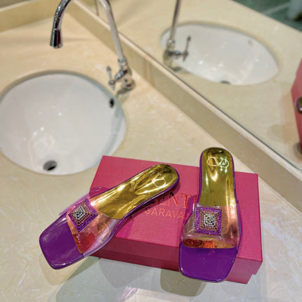 VALENTINO 26S FLAT SLIDES IN PURPLE MIX GOLD LAMBSKIN WITH CRYSTAL