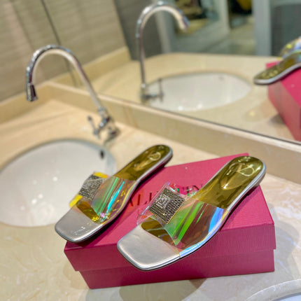 VALENTINO 26S FLAT SLIDES IN SILVER MIX GOLD LAMBSKIN WITH CRYSTAL