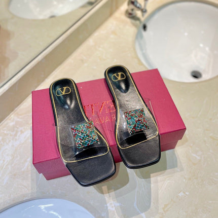 VALENTINO 26S FLAT SLIDES IN BLACK LAMBSKIN WITH CRYSTAL STYLE 2