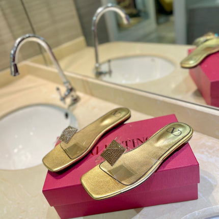 VALENTINO 26S FLAT SLIDES IN GOLD LAMBSKIN WITH CRYSTAL