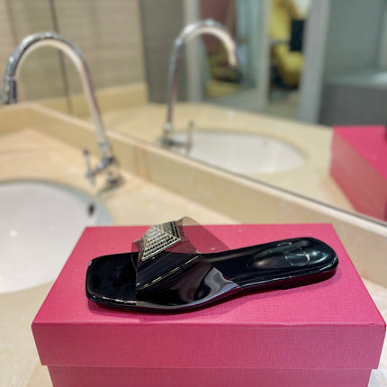 VALENTINO 26S FLAT SLIDES IN BLACK LAMBSKIN WITH CRYSTAL STYLE 1