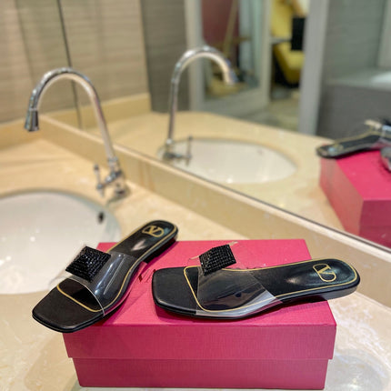 VALENTINO 26S FLAT SLIDES IN BLACK LAMBSKIN WITH CRYSTAL