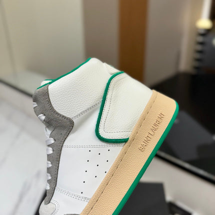 MID-TOP SNEAKERS IN WHITE PERFORATED LAMBSKIN AND GRAY SUEDE