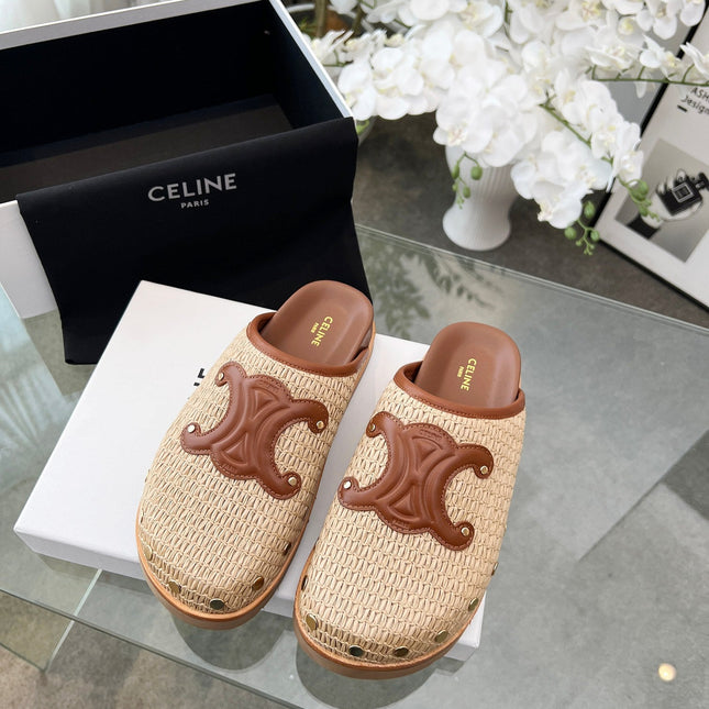 CELINE 26S TRIOMPHE MULES IN BEIGE RAFFIA AND BROWN CALFSKIN
