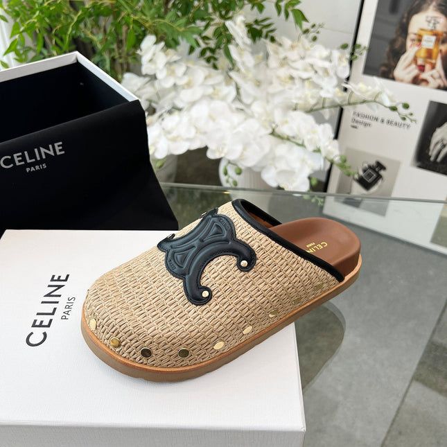 CELINE 26S TRIOMPHE MULES IN BEIGE RAFFIA AND BLACK CALFSKIN