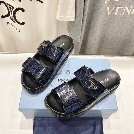 PRA CROCODILE LEATHER MOTIF SANDALS BLACK AND LAPIS CALFSKIN