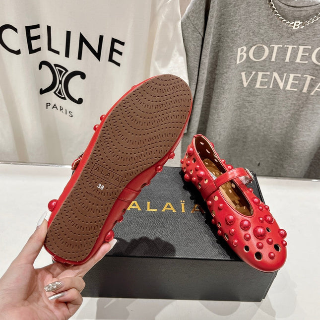 ALAIA PEARL MARY JANE SHOES IN ROSE RED LAMBSKIN