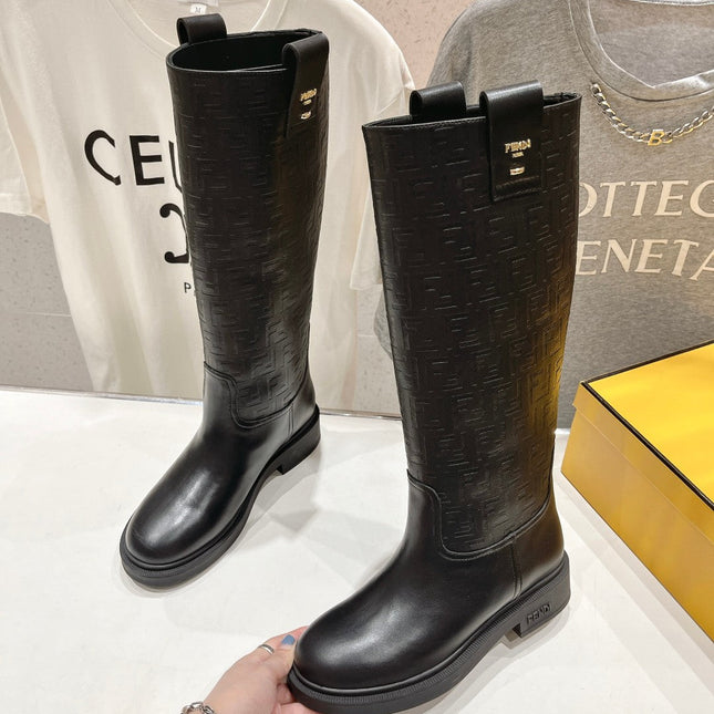 FENDI 25S HIGH BOOTS IN BLACK COWHIDE LOGO EMBOSSING