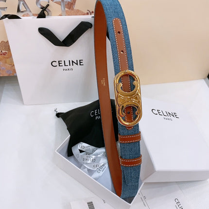 CELINE 25S BELT TRIOMPHE TAURILLON 25MM IN BROWN CALFSKIN AND DENIM 558352