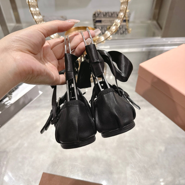 MIUMIU 26S SLINGBACK BALLET FLATS IN BLACK CALFSKIN SILVER HARDWARE