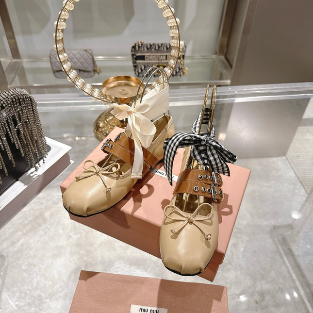 MIUMIU 26S SLINGBACK BALLET FLATS IN BEIGE CALFSKIN AND BROWN STRAP RIBBON