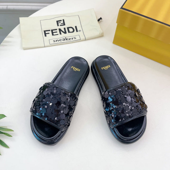 FENDI THICK SOLE 3 CM SEQUIN SLIPPER BLACK