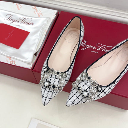 EFFLORESCENCE BALLERINAS IN WHITE TWEED WITH FINE BLACK STRIPES EMBELLISHED CRYSTALS