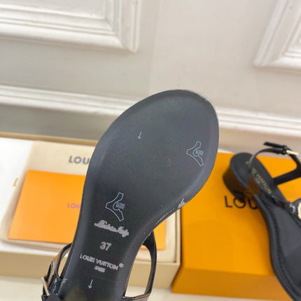LV SUNKISS T-STRAP SANDALS IN BLACK CALFSKIN GOLD-TONE ACCESSORY.