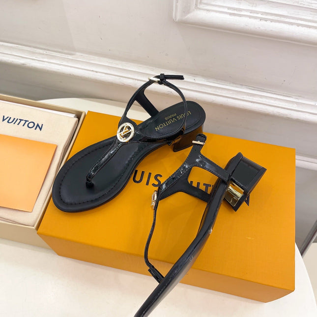 LV SUNKISS T-STRAP SANDALS IN BLACK CALFSKIN GOLD-TONE ACCESSORY.