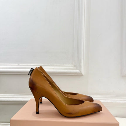 MIUMIU 26S POINTED TOE HIGH HEELS 85MM IN BROWN COGNAC CALFSKIN