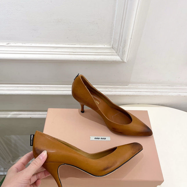 MIUMIU 26S POINTED TOE HIGH HEELS 85MM IN BROWN COGNAC CALFSKIN