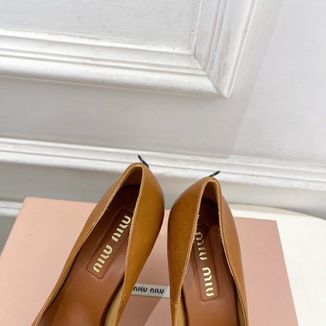 MIUMIU 26S POINTED TOE HIGH HEELS 85MM IN BROWN COGNAC CALFSKIN