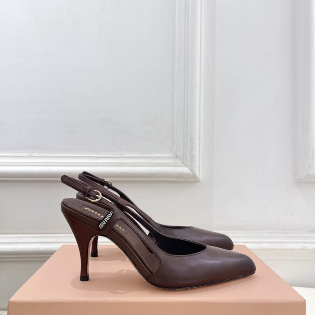 MIUMIU 26S SLINGBACK PUMPS 85MM IN CHOCOLATE BROWN CALFSKIN