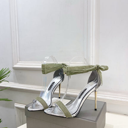 TOM FORD 26S HIGH-HEELED SANDALS 105 MM IN LIGHT GREEN FABRIC AND SILVER CALFSKIN