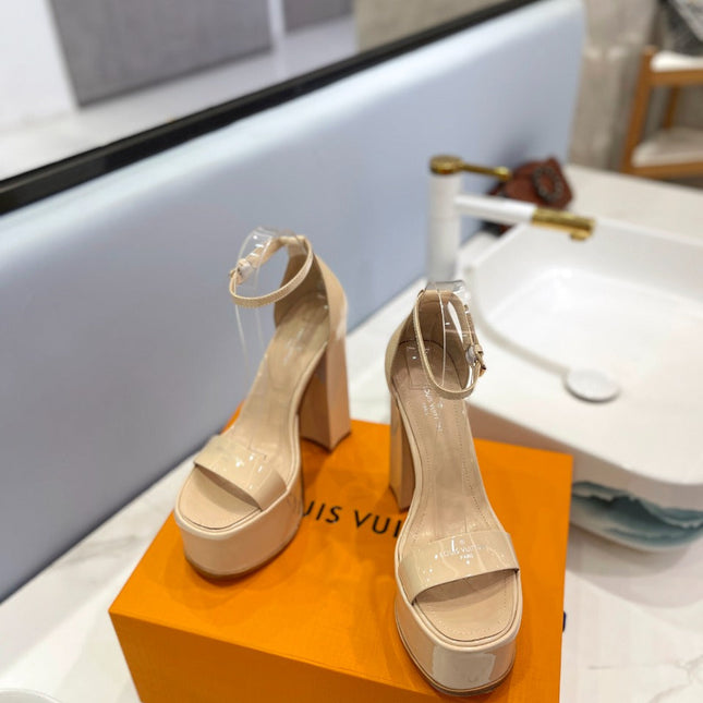 LV 26S HIGH HEEL SANDALS 145 MM IN BEIGE CALFSKIN