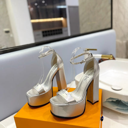 LV 26S HIGH HEEL SANDALS 145 MM IN SILVER CALFSKIN