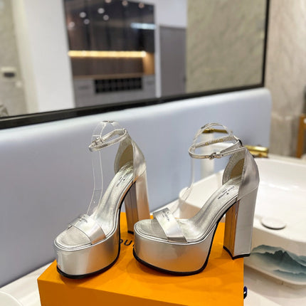 LV 26S HIGH HEEL SANDALS 145 MM IN SILVER CALFSKIN