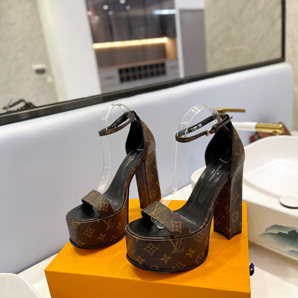 LV 26S HIGH HEEL SANDALS 145 MM IN DARK BROWN COATED CANVAS