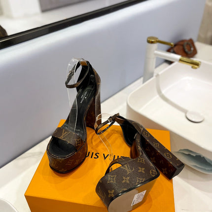 LV 26S HIGH HEEL SANDALS 145 MM IN DARK BROWN COATED CANVAS