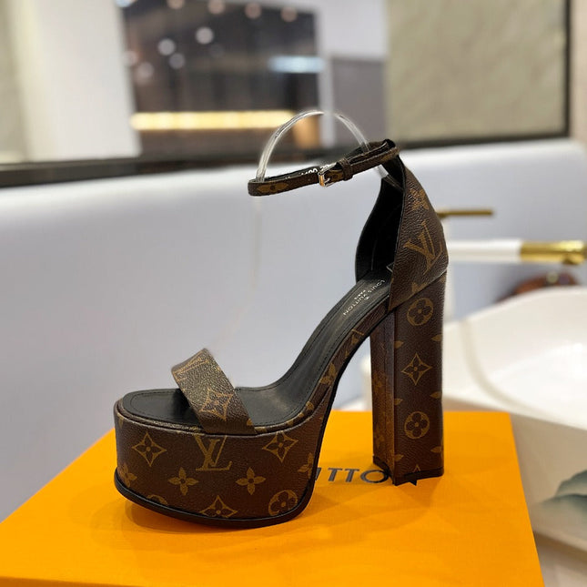 LV 26S HIGH HEEL SANDALS 145 MM IN DARK BROWN COATED CANVAS