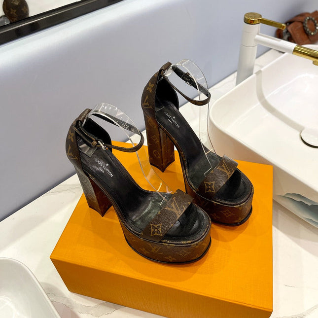 LV 26S HIGH HEEL SANDALS 145 MM IN DARK BROWN COATED CANVAS