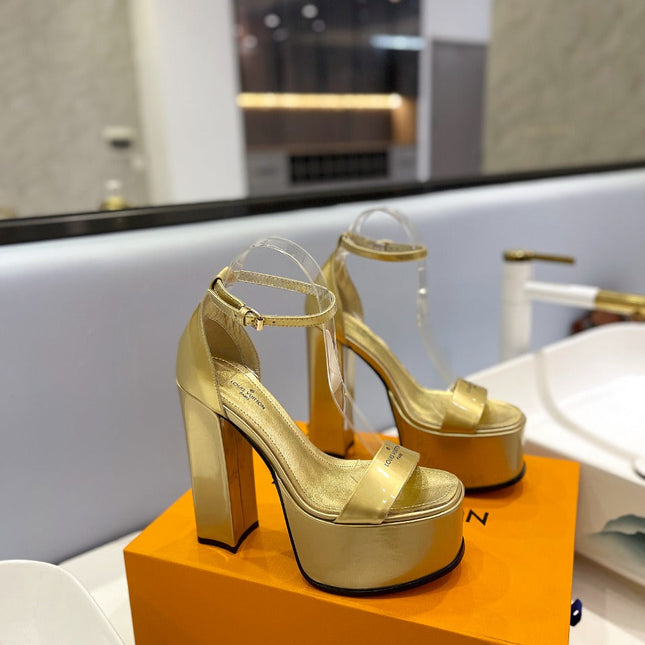 LV 26S HIGH HEEL SANDALS 145 MM IN GOLD CALFSKIN