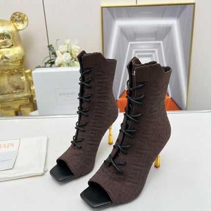 BALMAIN 26S LACE UP OPEN TOE BOOTS 95 MM IN DARK BROWN FLYKNIT