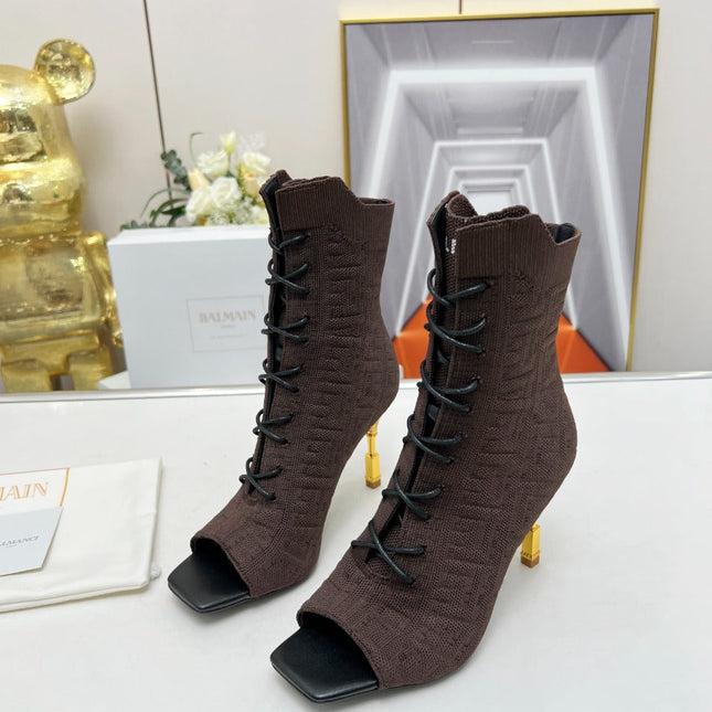 BALMAIN 26S LACE UP OPEN TOE BOOTS 95 MM IN DARK BROWN FLYKNIT