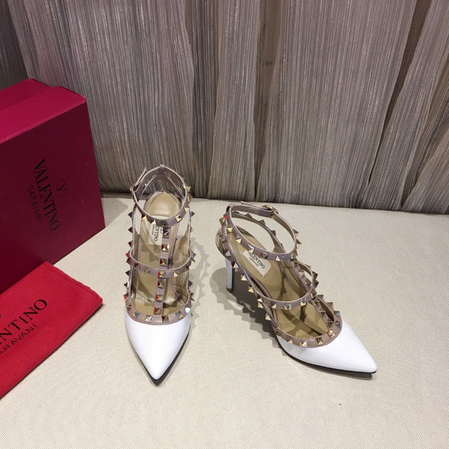 ROCKSTUD CAGED HIGH PUMP IN WHITE MIX LIGHT PINK PATENT CALFSKIN 100 MM