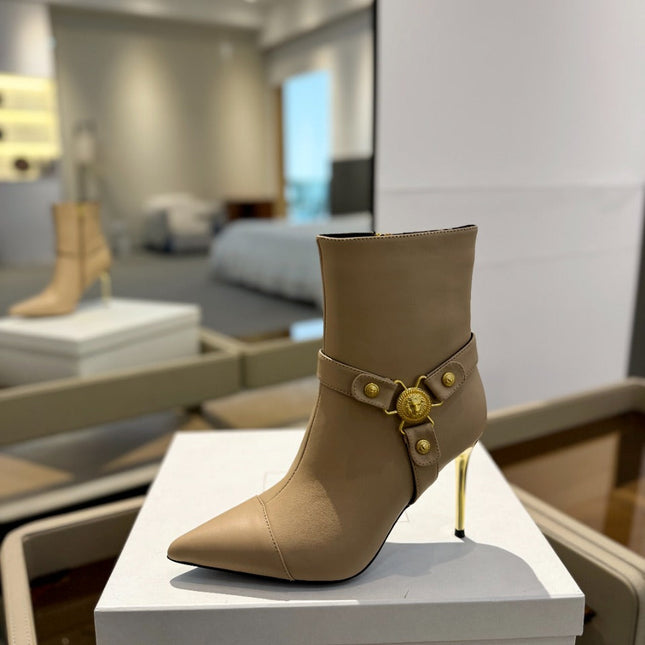BALMAIN 26S STILETTO HEEL BOOTS 95 MM IN DARK BEIGE CALFSKIN